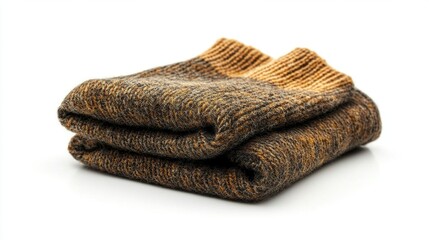 Folded dark brown and gold knit woolen throw blanket.