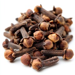 Fototapeta premium A close up view of a pile of dried brown aromatic whole cloves isolated on white background