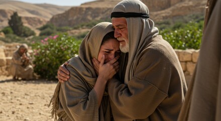 Biblical Times, Man Comforting Woman, Apostle and Mary, Good Friday. Ancient People of the Near East
