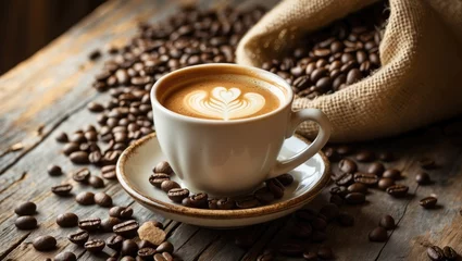Fototapete Rund Heart-shaped latte in a cup with coffee beans in the background © CryptoCanvas
