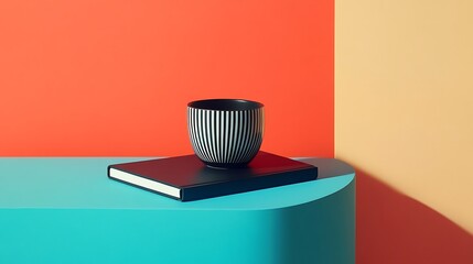 A bold graphic book, a striped muffaral, and a matte black cup on a minimalist table 