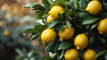 Yellow lemon fruits and green foliage in a winter garden. Organic citrus tree up close. Houseplant with decorative lemon.