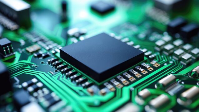 Circuit board in green color with a black IC chip and assorted tiny electronic parts, representing the fields of technology, hardware, and electrical engineering.