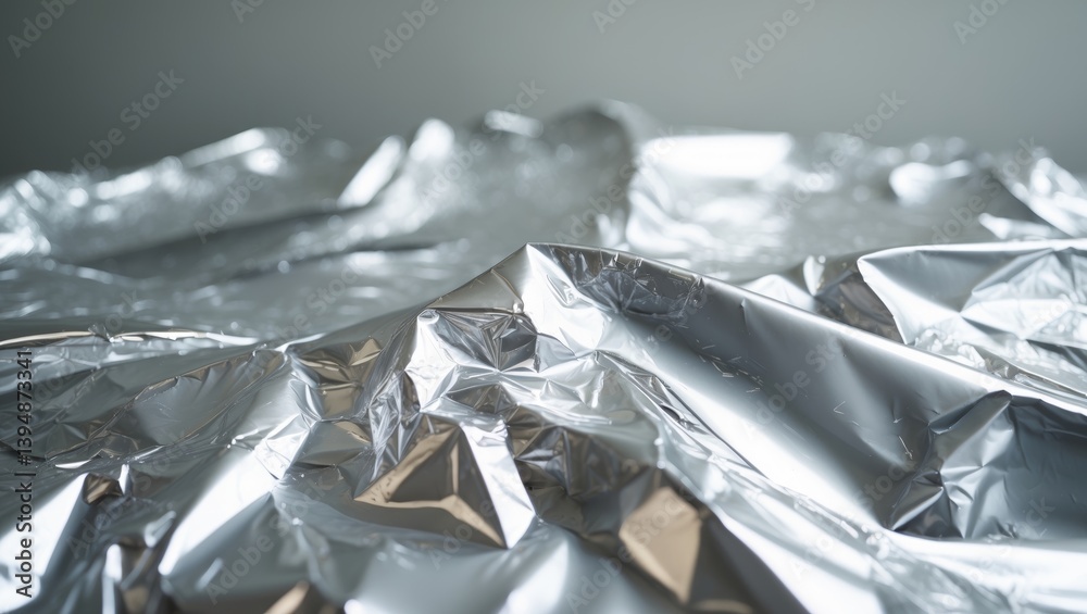 Poster Reflective surface of crinkled silver foil texture featuring abstract wrinkles.