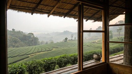 Scenic view of lush tea plantations through a rustic window.