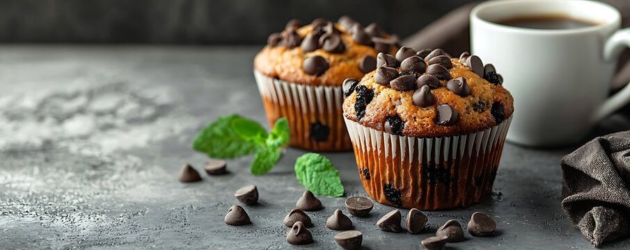Morning delight with a coffee and chocolate chip muffin set on a gray surface.