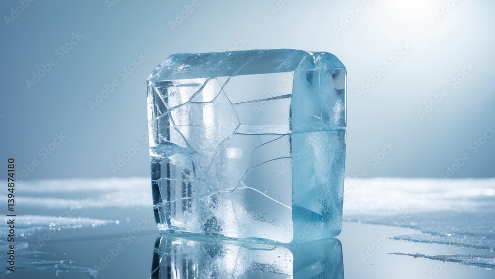 Poster pristine frosty textured natural ice block exhibiting cracks on a bright reflective surface.