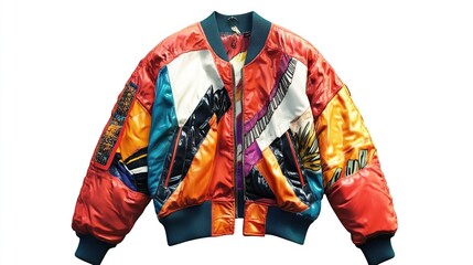 Colorful patchwork bomber jacket isolated on white.