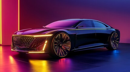 A bold luxury car with glowing highlights on its geometric body lines 