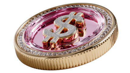 A luxurious golden dollar sign adorned with dazzling diamonds and gems set against a vibrant captivating pink background symbolizing wealth success and financial prosperity