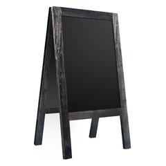 A wooden A-frame chalkboard with a blank surface, suitable for writing messages or menus.