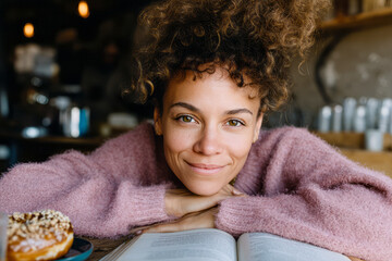 Young Woman Enjoys a Book and Coffee at a Cozy Cafe
