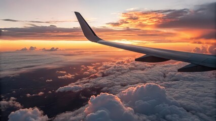 Obraz premium Sunset view from an airplane wing above fluffy clouds.