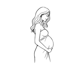 An artistic rendering of a pregnant woman’s profile, created by hand. The image is monochrome, displayed on a white canvas.