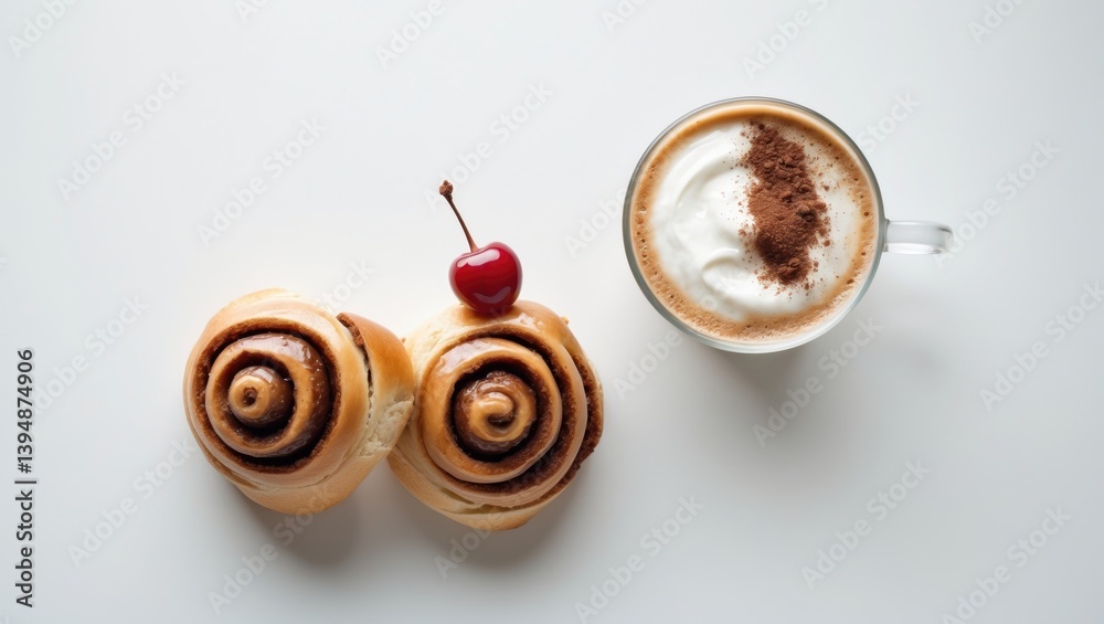 Poster stylish display of cinnamon buns alongside a coffee mug on a light background. flat lay. food idea.