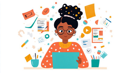 Illustrative woman working at her desk, creative project, for blog post and banner