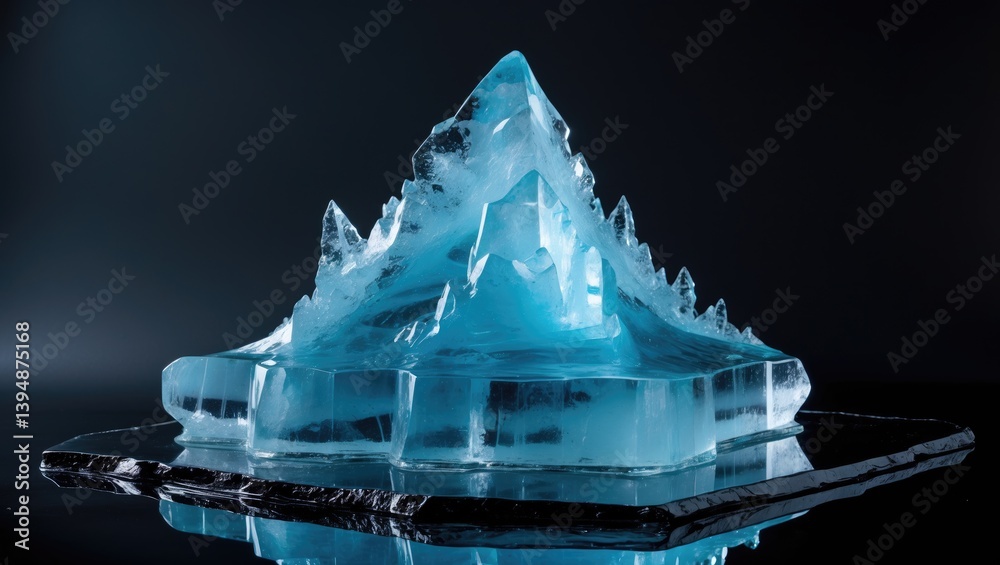 Poster lucid natural ice block in frigid blue tones displayed on a lustrous black platform.