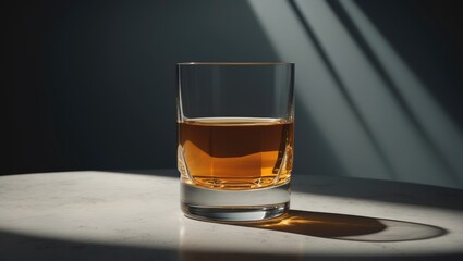 A refined glass of neat whiskey on a bar countertop in a dark, atmospheric setting.