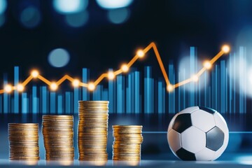 A soccer ball sits next to stacks of golden coins under glowing financial graphs and charts, representing sports economics, investments, and financial trends in football