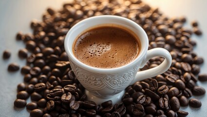Obraz premium Coffee mug over a coffee beans surface. Methods for preparing flavorful coffee.