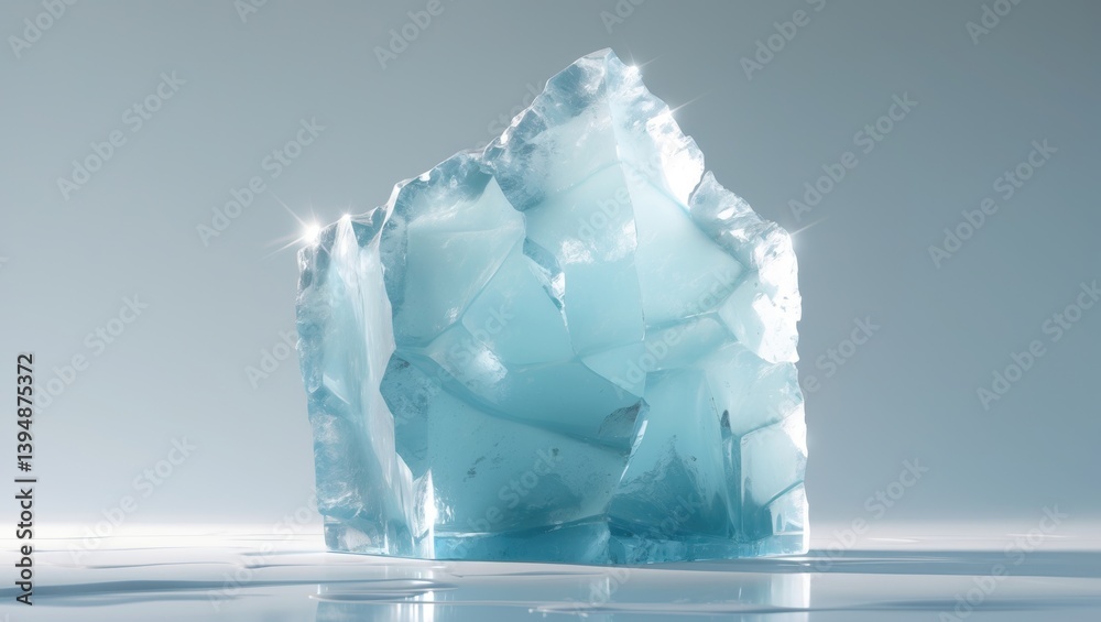 Poster pristine rough ice block in pale blue hues resting on a white shiny background.
