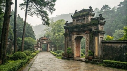 Fototapeta premium Scenic pathway flanked by traditional gates and lush greenery in a tranquil setting.
