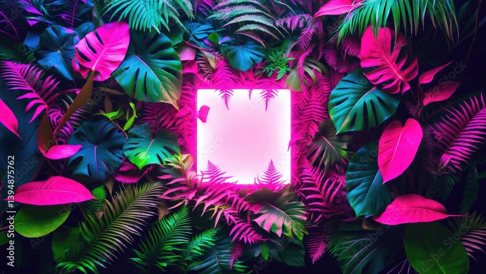Poster Flat lay of tropical leaves featuring a creative design in fluorescent colors and a neon square light. Nature concept.