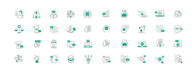 Generative AI and Automated Content Creation Icons. Builds on the LLM, text analysis, and generation icons. Content creation tools, AI copywriting, scriptwriting, image generation. Editable Stroke.