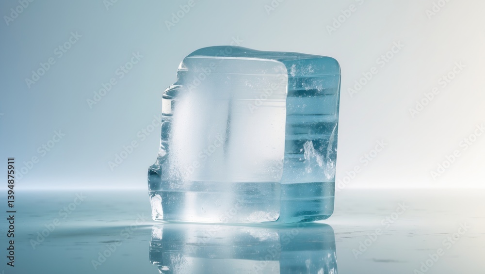 Poster Pristine natural ice block on glistening surface. Clipping path available.