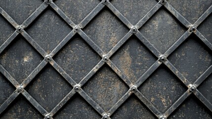 Abstract Black Iron Lattice Panel with Rivets, Textured Background Close-Up