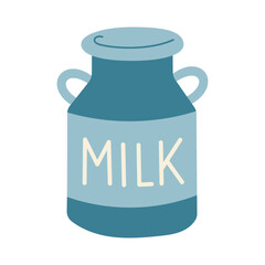 A cartoon milk jug with a blue lid. The word 