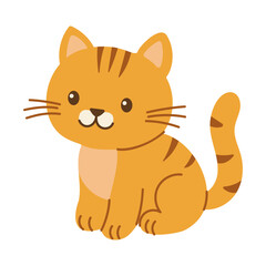 A cartoon cat with a smile on its face is sitting on a white background. The cat is orange and has stripes
