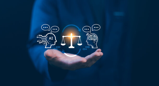 AI ethics or AI Law concept. Developing AI codes of ethics. Compliance, regulation, standard , business policy and responsibility for guarding against unintended bias in machine learning algorithms.