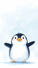 Obraz premium Cute cartoon penguin with open wings on light background
