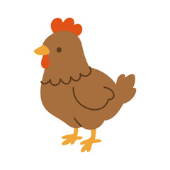 A cartoon chicken with a red beak and orange feet. The chicken is standing on a white background
