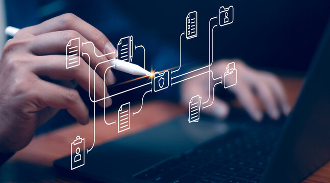 Document Management System concept. Online document file data software for efficient archiving. Enterprise content management, Digital asset management, Document imaging, Workflow, Records management.