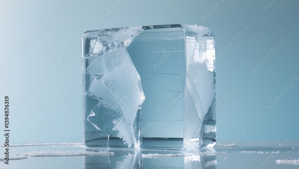 Poster Clear frosty textured ice block with fractures on a glossy shimmering surface.
