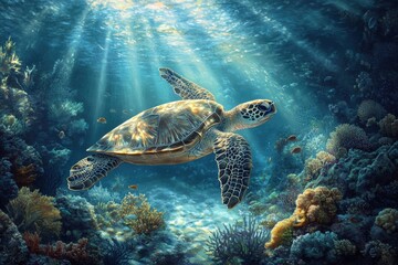 Fototapeta premium Serene sea turtle gliding over colorful coral reef in crystal clear ocean