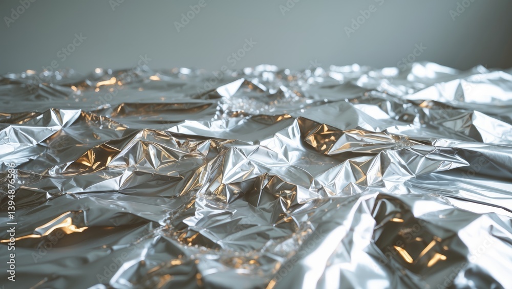 Poster textured crinkled silver metallic foil with a reflective surface and abstract wrinkles.
