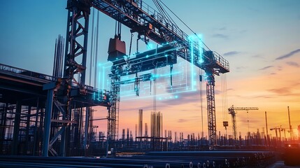 Futuristic construction site with glowing cranes and digital elements at sunset, showcasing a blend of technology and industry
