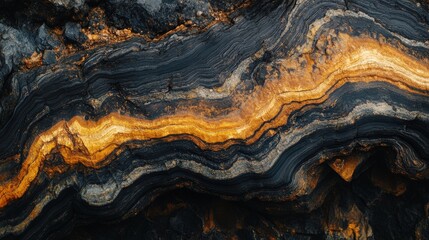 Striking Bands in Rock Formation Texture, Dark and Golden Hues.