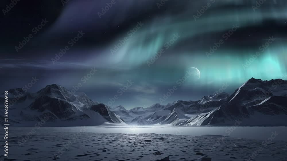 Wall mural antarctica aurora and moon above mountains tilt down generative ai