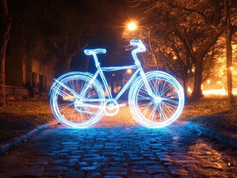 Luminous bicycle silhouette on cobblestone street at night with warm light and trees creating a dreamy atmosphere for urban cycling