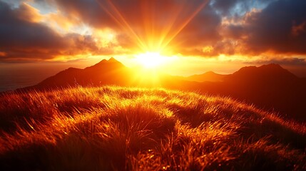 A breathtaking sunset over a mountain range, illuminating golden grass.