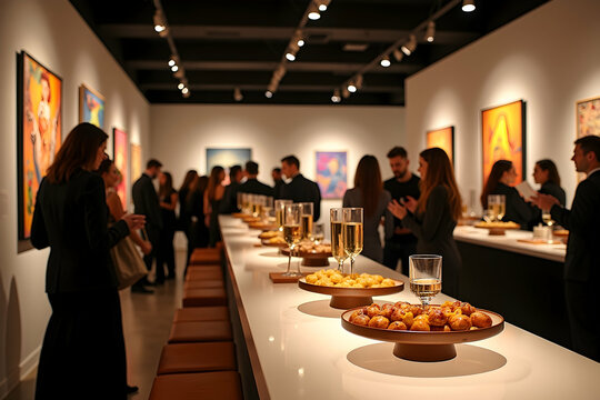 A sophisticated gallery opening showcasing modern art and stylish attendees, champagne flutes and delicate hors d'oeuvres adding to the ambiance of cultural appreciation