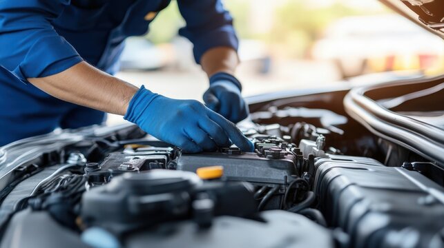 Mechanic Checks Car Engine Repair in Garage with Blue Gloves and Uniform Job.