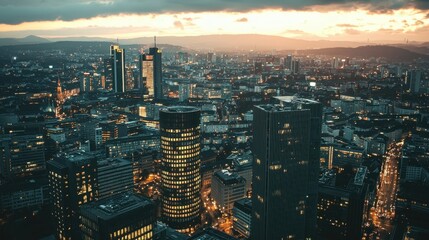 Obraz premium High-resolution aerial shot of Frankfurt at dusk, illuminated buildings contrasting with the darkening sky and urban streets below.