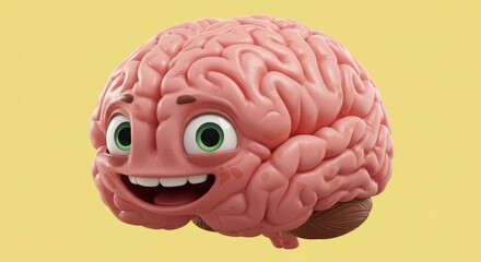 Smiling Brain Cartoon Character on a Bright Yellow Background Illustration