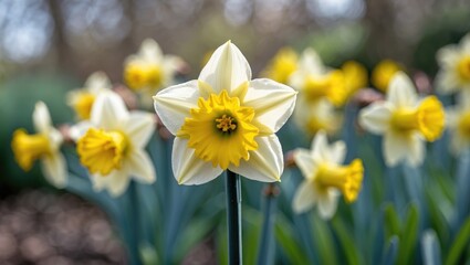 Fototapeta premium Intimate view of yellow daffodil blossoms in a garden