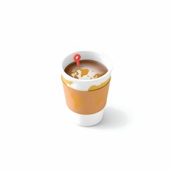A coffee cup with a map and location marker inside it